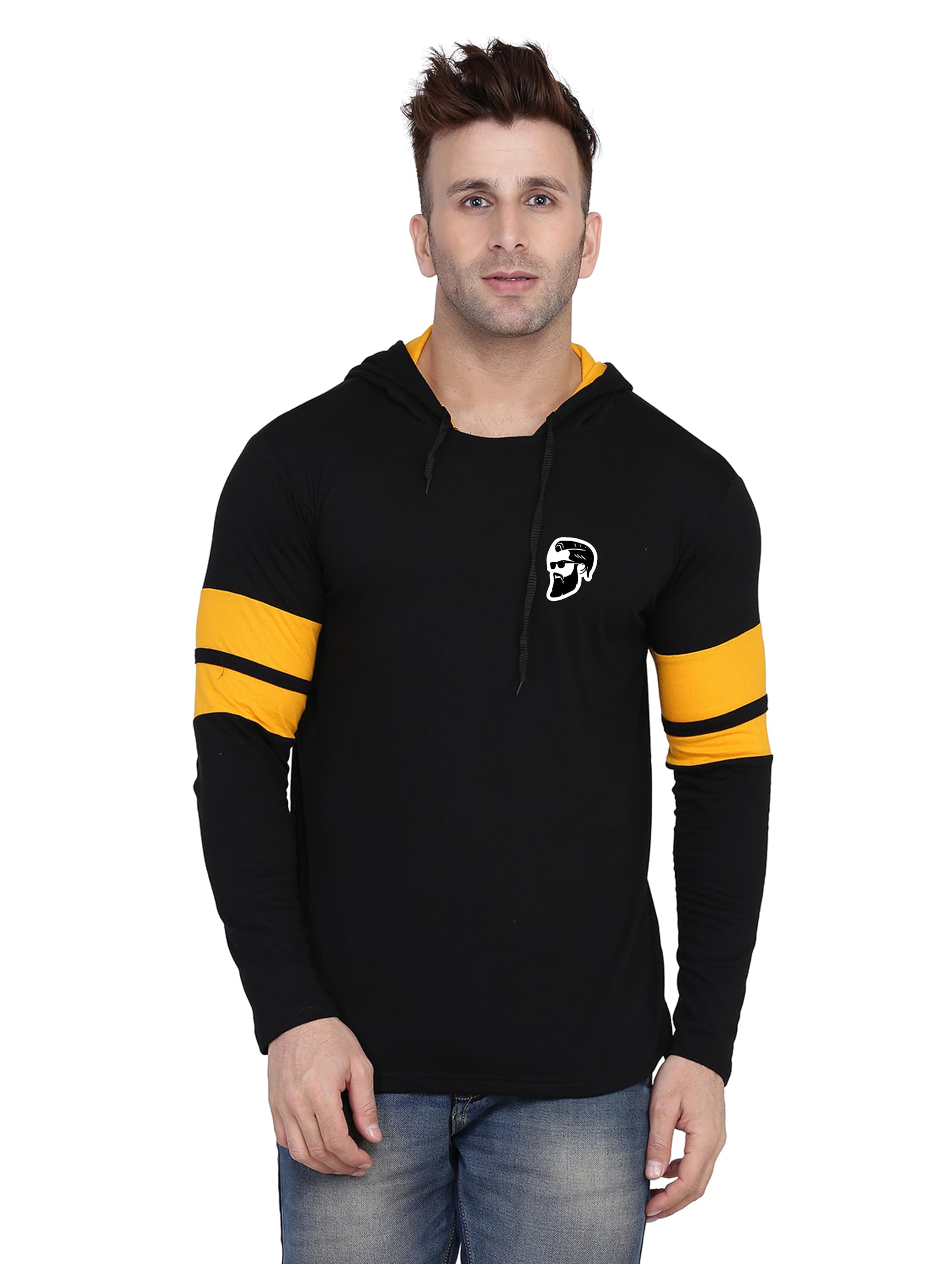geum Men's Full Sleeve Hooded T-Shirt with Contrast Arm Stripes & Chest Logo | Casual Slim Fit Cotton Blend Pullover-picture-50