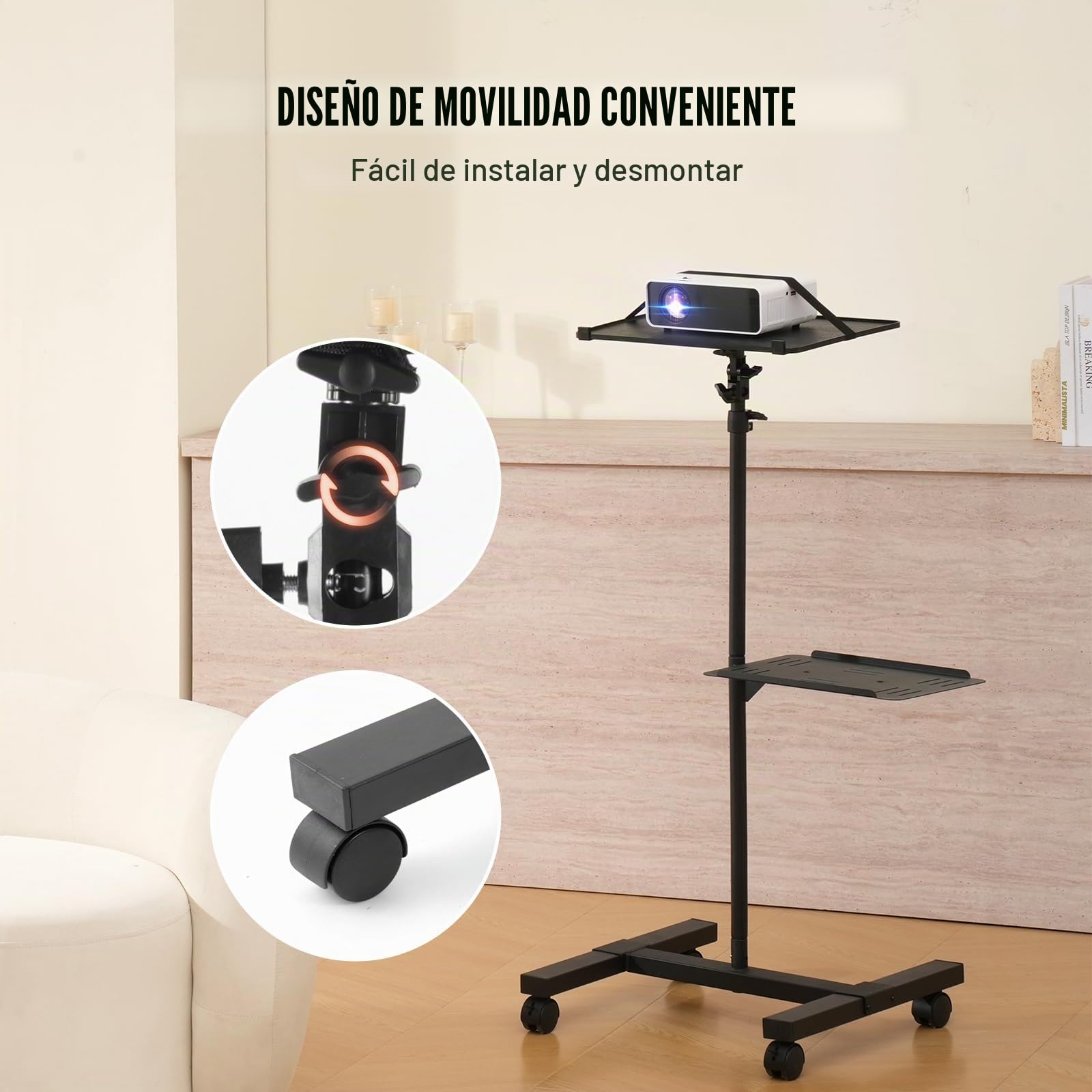VEVOR Soporte para Proyector con Ruedas Soporte de Suelo para Proyector con Altura Ajustable de 580-1455 mm Soporte para Proyector con 2 Bandejas para Películas al Aire Libre, Hogar, Oficina, Negro