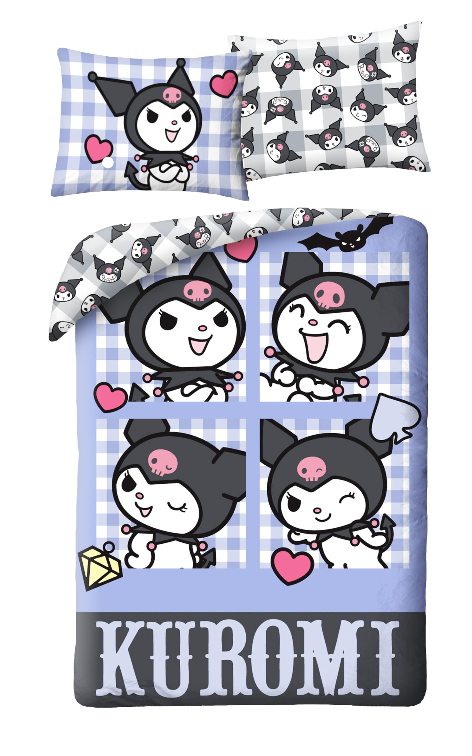 Kuromi Copripiumino Singolo 140x200 + Federa 70x90 Gingham Blu Grigio | Set lenzuola reversibile | Microfibra ultra morbida asciugatura rapida Oeko-Tex | Sanrio | Bambine | Regalo | Idea regalo