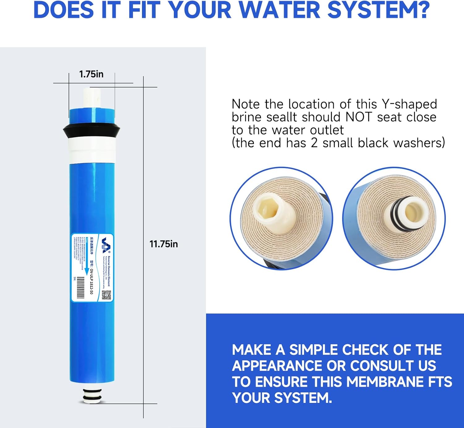 50 GPD RO Membrane Filter Replacement, Reverse Osmosis Membrane Element 11.75" x 1.75" Water Filter Replacement for Undersink Home Drinking RO Water Filtration System