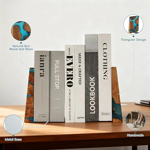 Miniatura 8 de Sujetalibros que brillan en la oscuridad, extremos de libro luminosos azules con madera y resina de Burl, carpeta decorativa para libros y