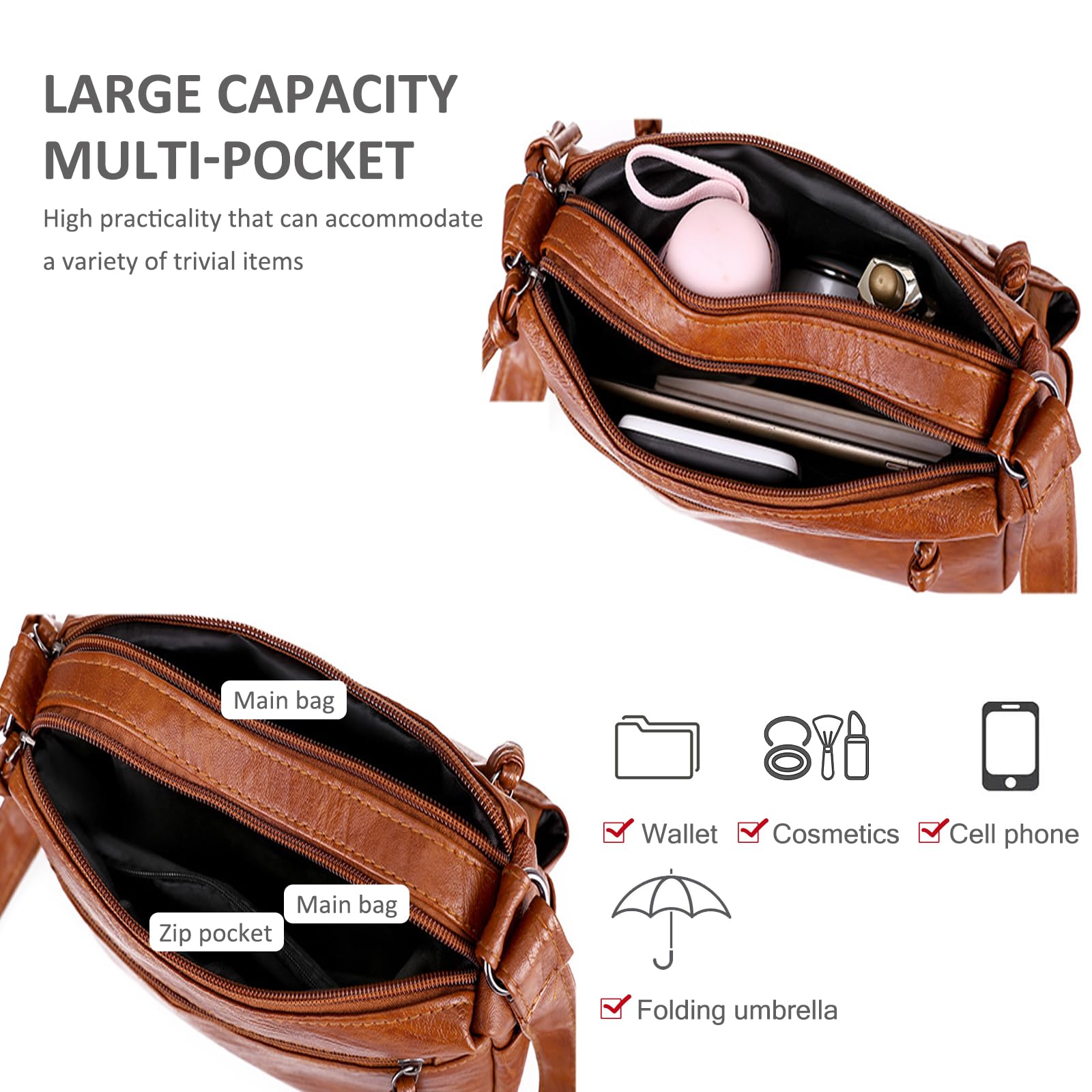 NICOLE & DORIS Borsetta Donna Media Borse a Tracolla con Scomparti Capienti Multiple Borsa a Spalla in Pelle PU Leggera con Tracolla Regolabile per Scuola, Viaggi, Lavoro, uso Quotidiano
