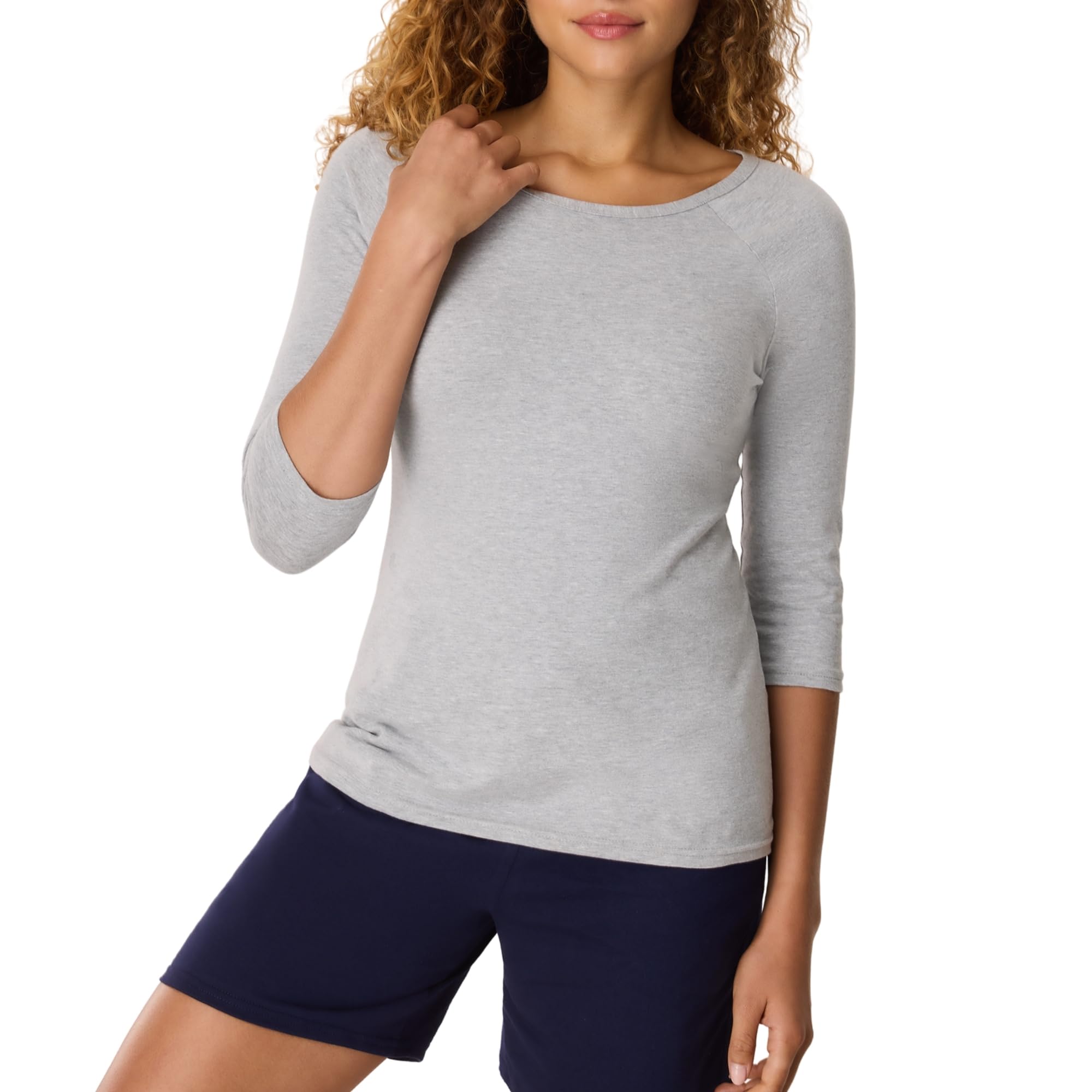 Hanes Women's Stretch Cotton Raglan Sleeve Tee Shirt, Grey Heather, XX-Large