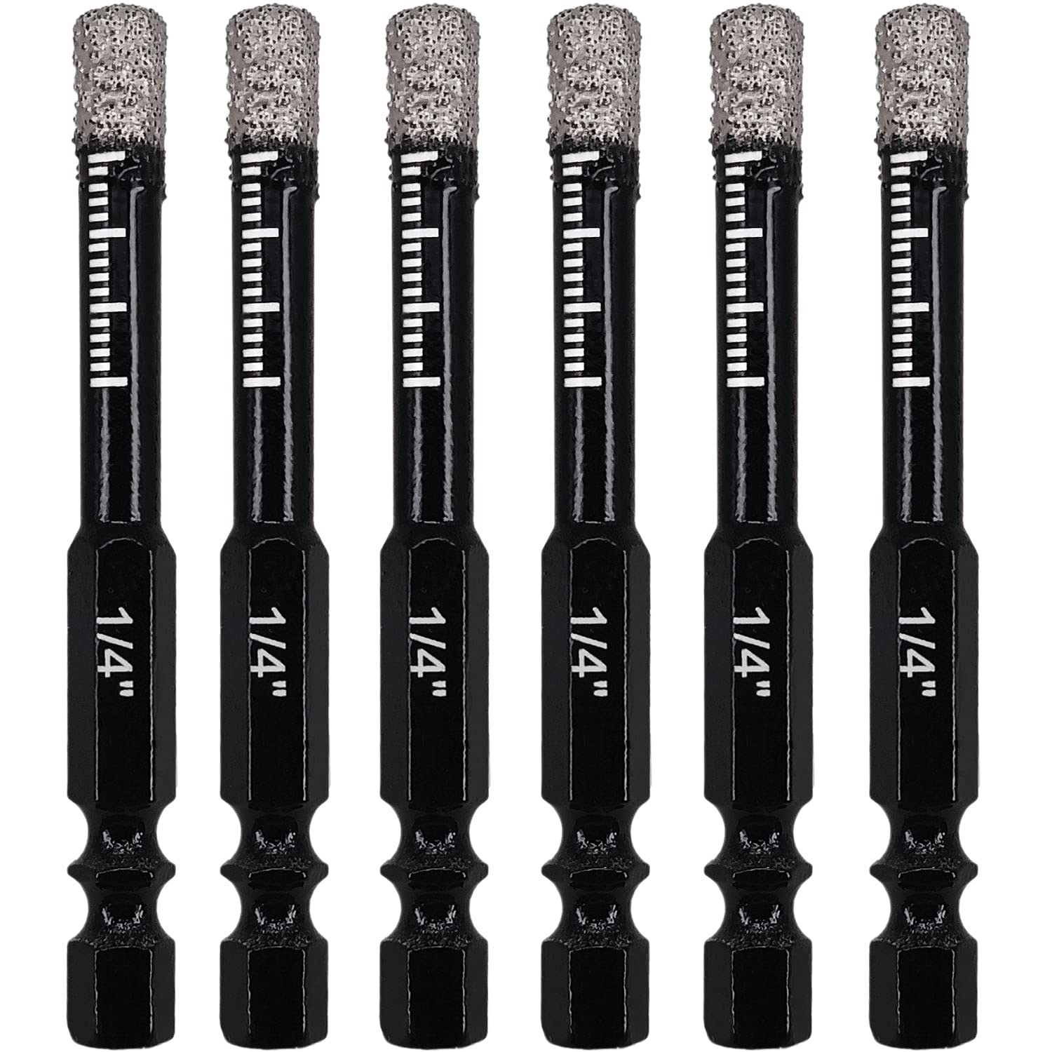 Hymnorq 1/4 Inch Dry Diamond Drill Bits 6pc Set in Storage Case, Quick Release Hex Shank, Wax Inside for Cooling, Vacuum Brazed Diamond Hole Saw for Tile Glass Ceramic Granite Marble Porcelain
