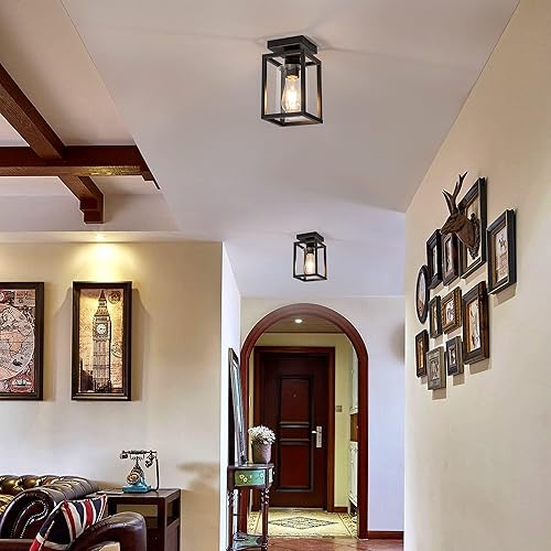 Miniatura 6 de Lámpara de techo de montaje empotrado con pantalla de vidrio transparente, marco de metal negro para cocina, isla, entrada, porche, vestíbulo,