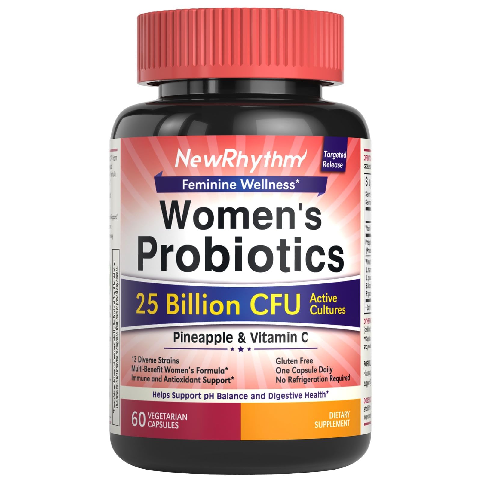 NewRhythm Vaginal Probiotics for Women, with Pineapple Powder, Vitamin C, Natural Vaginal PH Balance, Immune Support & Digestive Health, Vegan, 60 Capsules