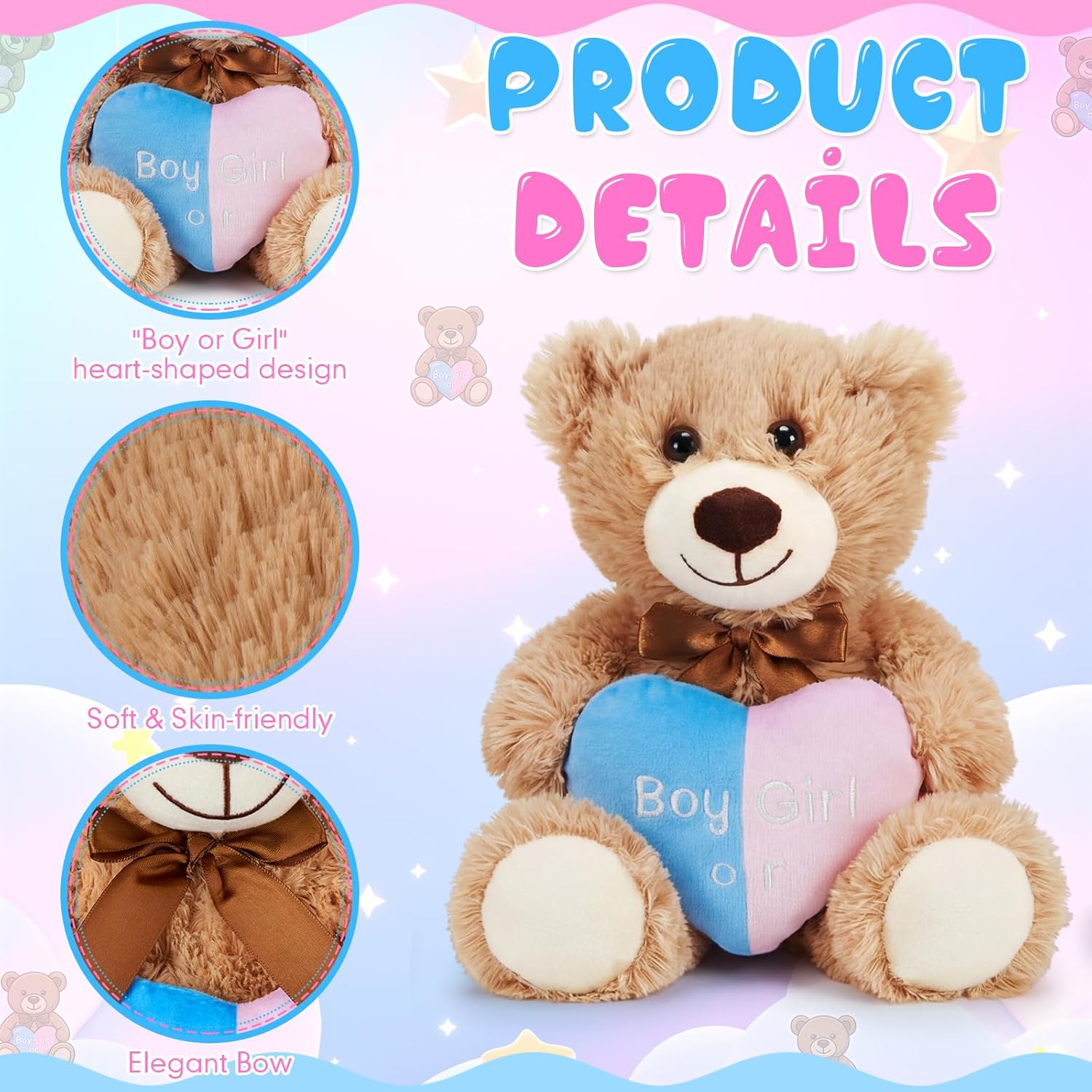 Aoriher 6 Pcs Gender Reveal Bears 10 Inch Heart Boy or Girl Bear Bulk Stuffed Animal Baby Shower Soft Cute Bear Plush Toys Baby Shower Gender Reveal Birthday Party Favor Decorations