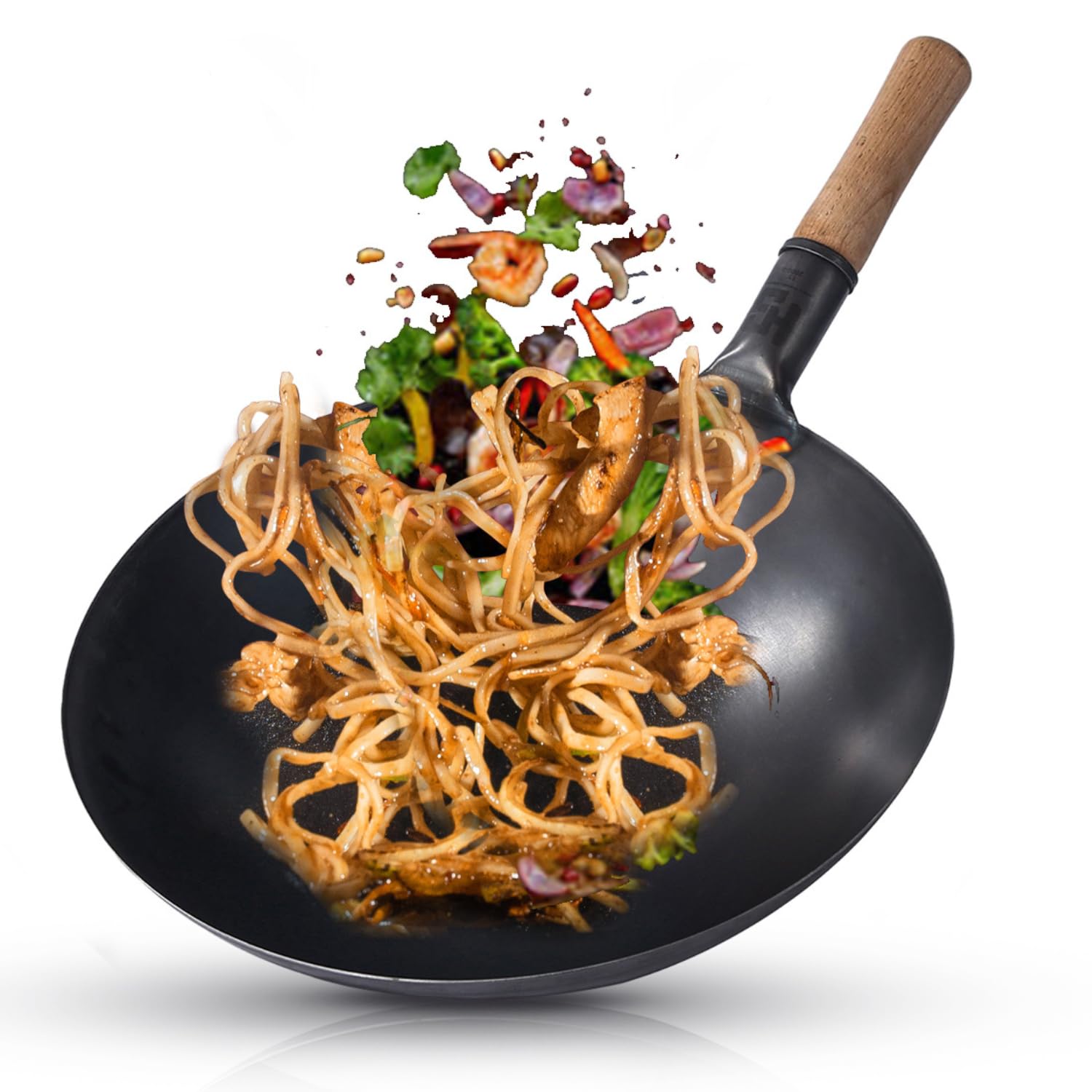 HS 15-inch(38cm) Iron Chinese Wok with Wooden Handle – Versatile Stir-Fry Pan for High-Heat Cooking, Sauteing, and Deep-Frying – Durable Wok for Asian Cuisine and Fried Rice Pan