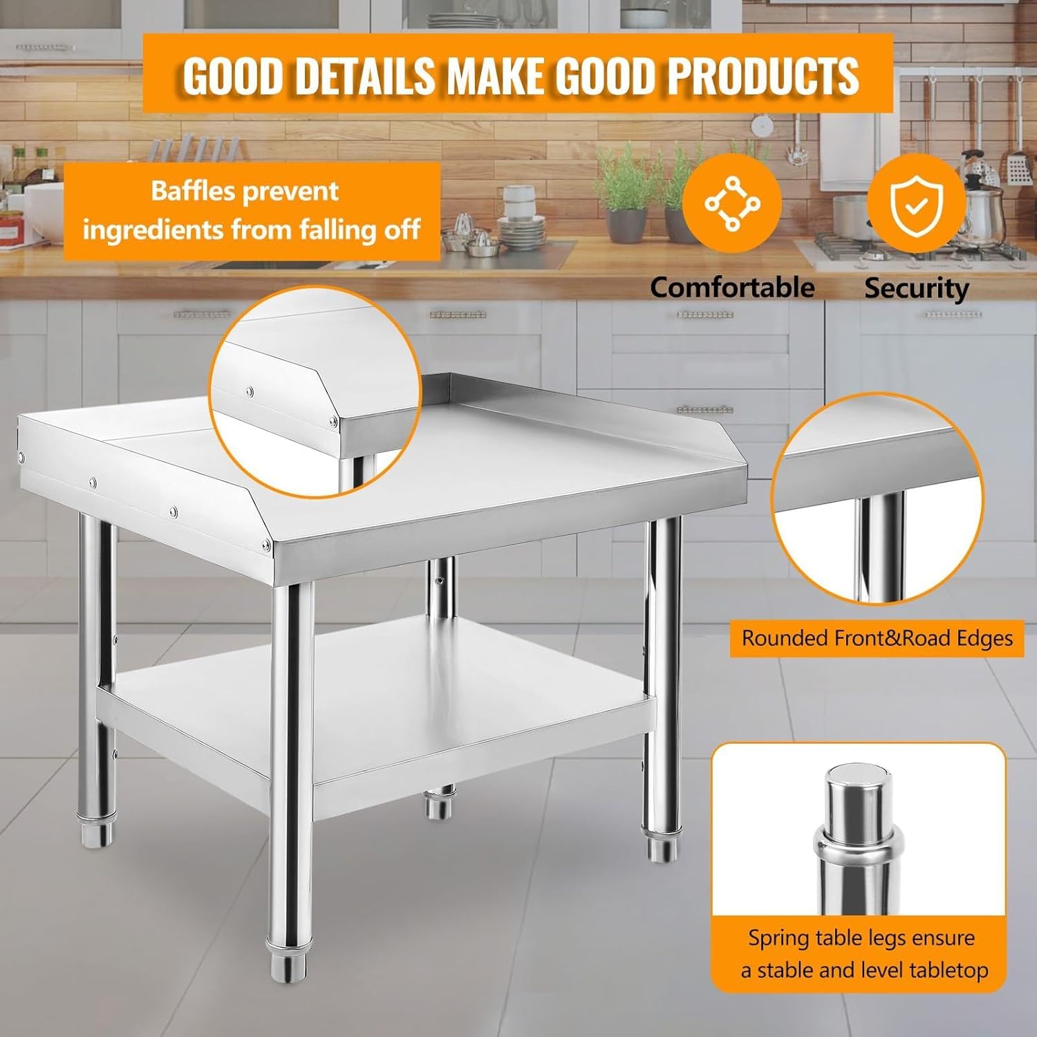 Heavy-Duty Stainless Steel Grill Stand Table - 48x28x24 inch, 1000 lbs Top Shelf, 220 lbs Bottom Shelf, Adjustable Legs, 2" Baffle, Ideal for Home, Hotel, and Commercial Kitchens