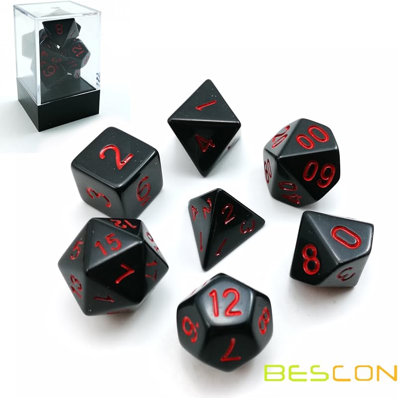 Bescon Polyhedral Dice Set Opaque Black with Red Numbers, Black RPG Dice Set of 7 d4 d6 d8 d10 d12 d20 d% Brick Box Pack