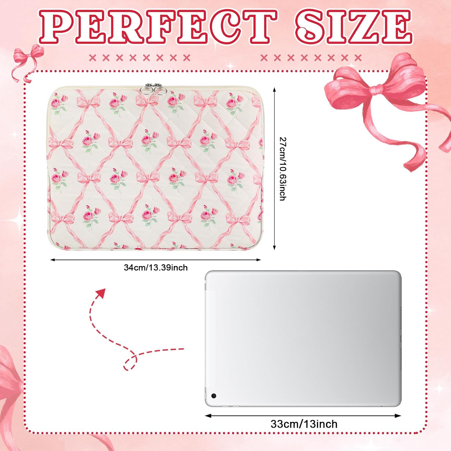 Abbylike Pink Bow Floral Laptop Bag 13 Inch Cute Preppy Puffy Laptop Sleeve Case Bag Computer Accessories Protective Cover Pink Coquette Bow Pad Case Pouch Gift for Women