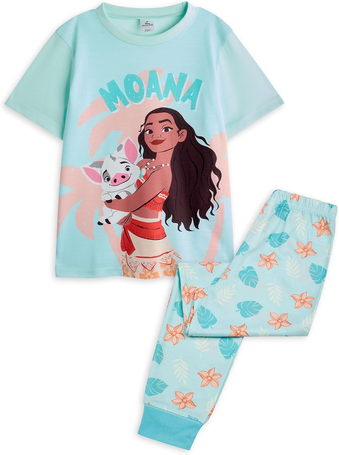 Disney Moana Girls Pajama Set | Kids Moana & Pua Character Graphic Short Top & Long Leg PJ Blue Nightwear Movie Merchandise