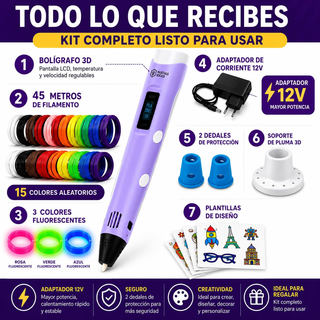 Bolígrafo 3D de Precisión | Kit Completo con 45 m de Filamento PLA (15 Colores) 3 Fluorescentes | Velocidad Regulable | Herramienta para Manualidades y Reparaciones. Pen 3D