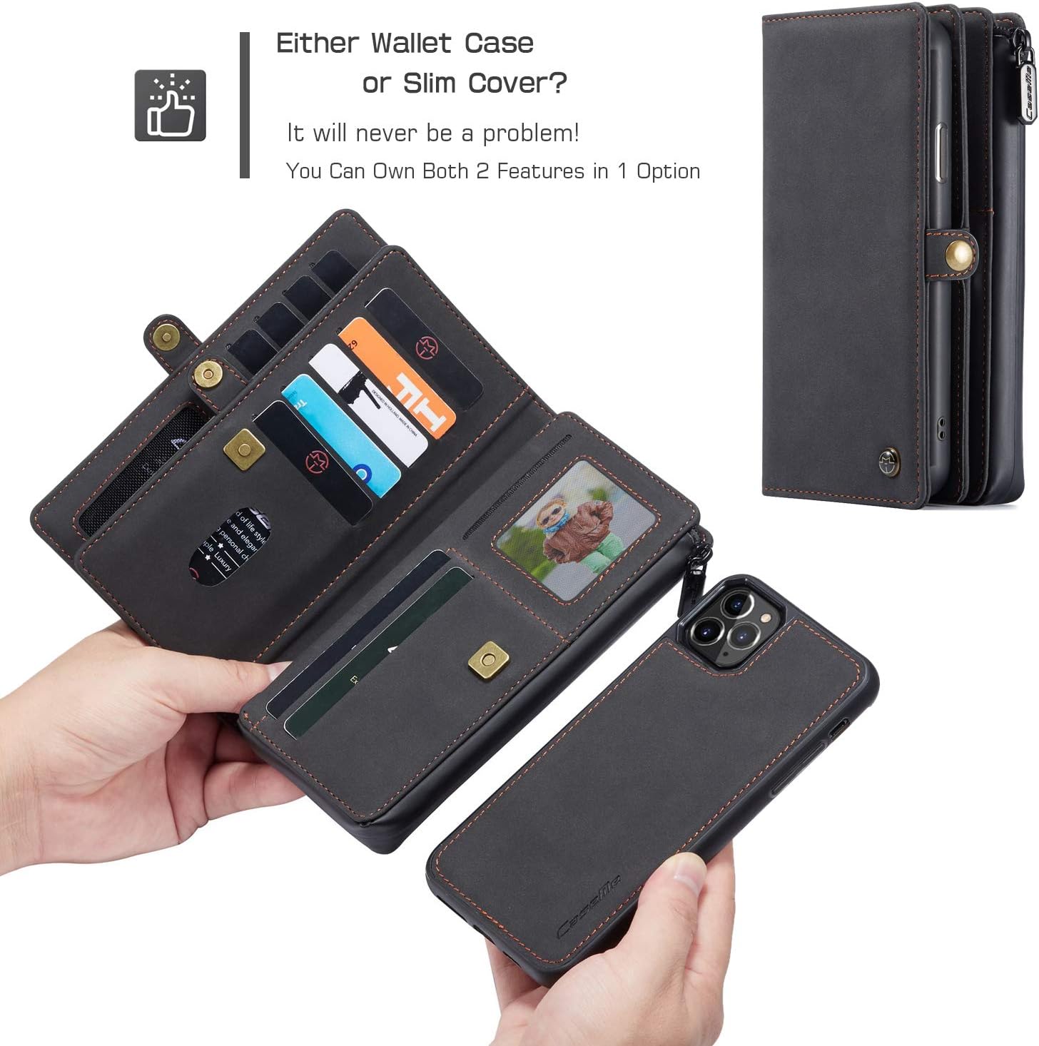 Hоttеѕt Sаlе Caseme iPhone 11 Detachable Wallet Leather Case Minimalist Zipper 18 Credit Card Holder Cash Clip Magnetic Wrist Strap Wristlet iPhone 11 Pocket Purse Flip Cover for Man Women (Black, iPhone 11)
