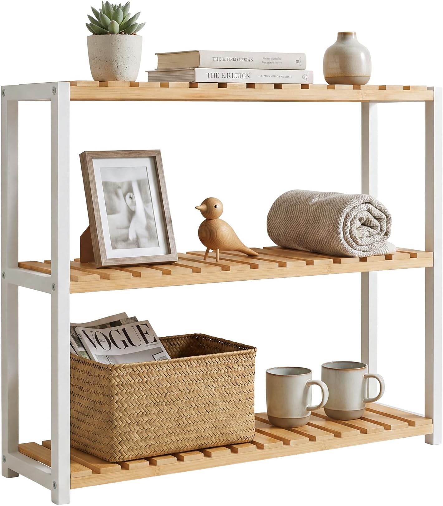 SONGMICS Bamboo Bathroom Shelf, 3-Tier Adjustable Plants Rack, Wall-Mounted or Stand, in the Living Room, Balcony, Kitchen, Natural and White BCB13WN