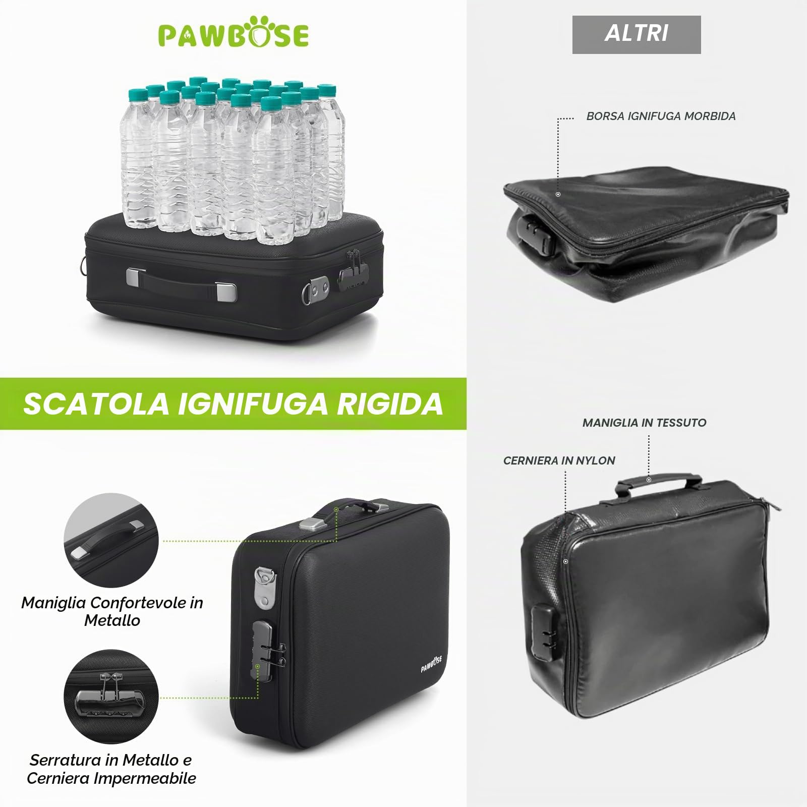 PAWBOSE Scatola per documenti ignifuga, con serratura a combinazione, custodia rigida impermeabile ignifuga, sicura per documenti importanti, certificati, laptop, passaporti (nero, 41 x 30 x 13 cm)