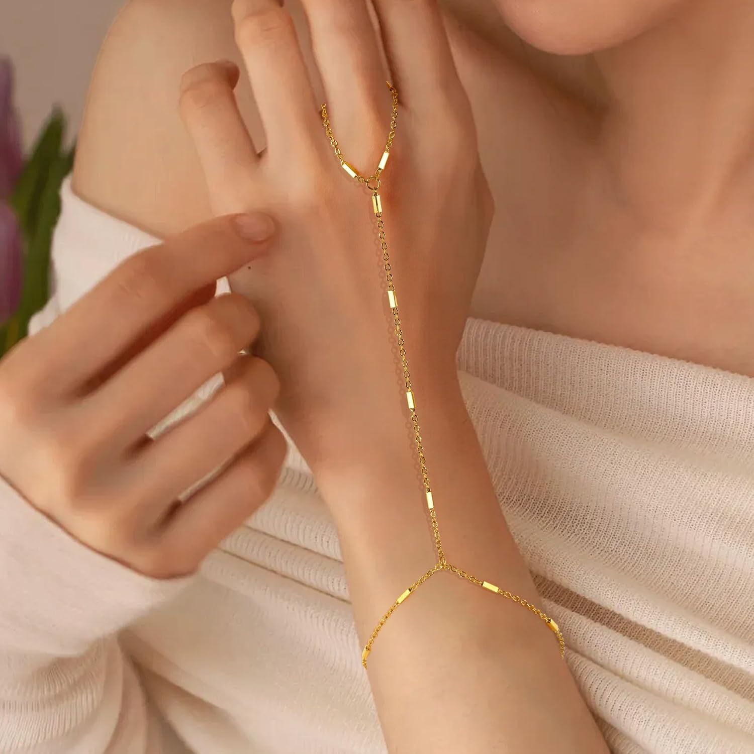 Hand Chain Bracelet, Adjustable Hand Jewelry Chain Bracelet with Ring, Trendy Gold Handchains Jewelry - Image 5