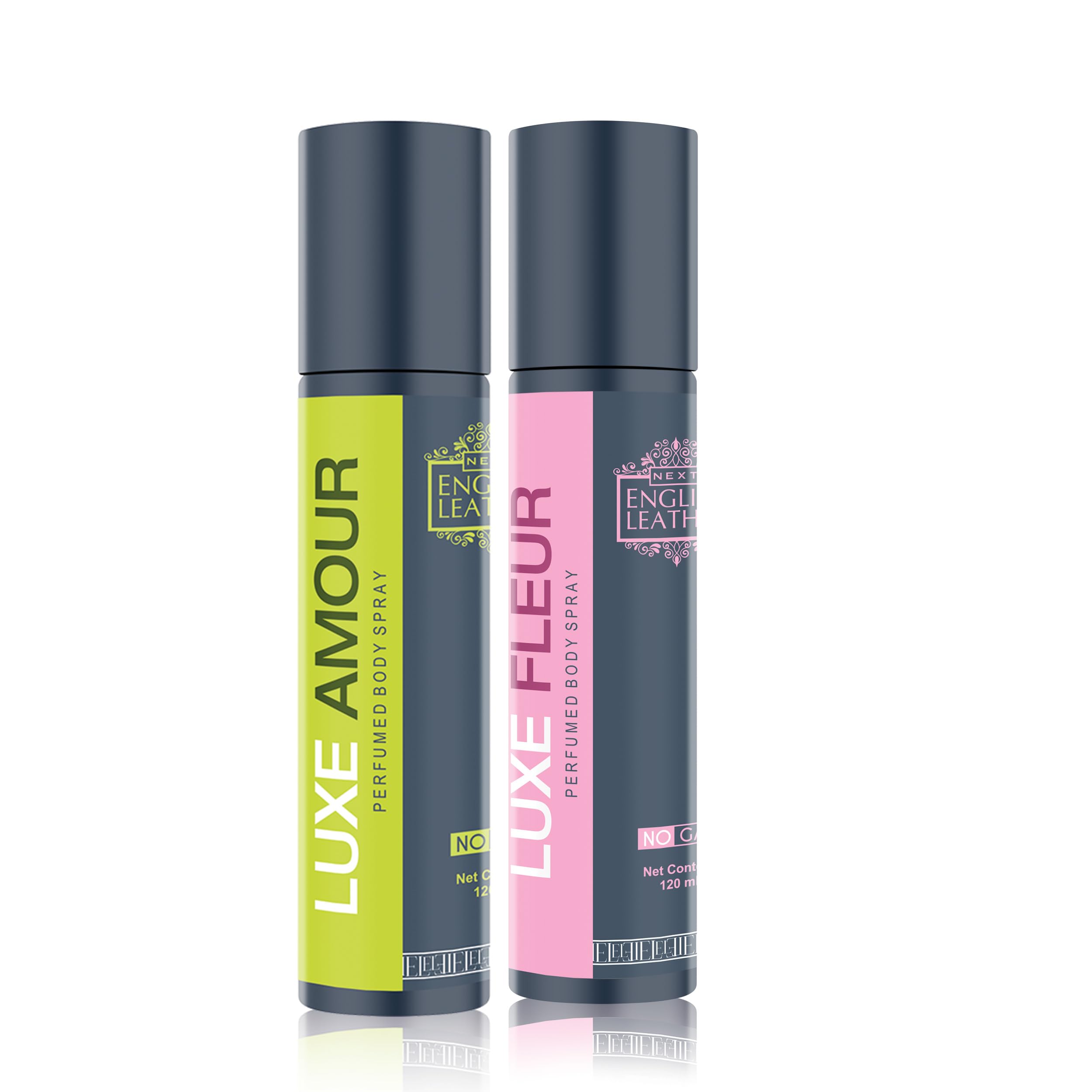 Next Care English Leather Luxe Amour & Luxe Fleur No Gas Body Spray for Men & Women | Long Lasting Fragrance | Concentrated No Gas Deodorant Spray | 120ml Each (Pack of 2)