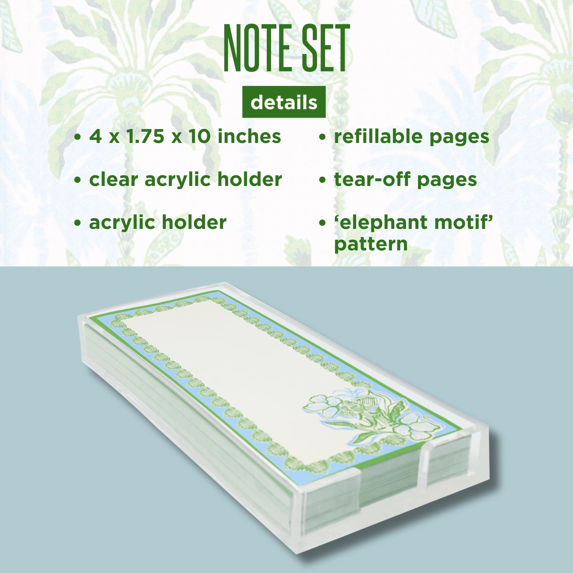 Lilly Pulitzer Bloc de notas con soporte acrílico, 4 x 1.75 pulgadas, bonitos suministros de papelería para el hogar y la oficina, incluye 200 hojas (diseño de elefante)