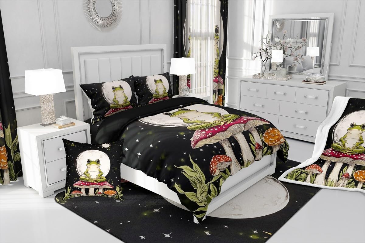 Feelyou Cute Frog Decor Duvet Cover Boys Girls Toddler Size Mushroom Decor Bedding Set Ultra Soft Moon No Comforter Botanical Theme Bedspread Cover Room Decor Mushroom Bedclothes Zipper