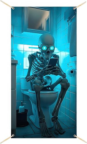 Cubierta de puerta de Halloween de 71 x 35 pulgadas, divertido esqueleto en la puerta del inodoro, decoración de ojos brillantes, escena de baño,