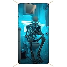 BlissYard Halloween Door Cover 71x35 Inch Funny Skeleton on Toilet Door Banners Decoration Glowing Eyes Bathroom Scene Hanging Banner for Spooky Indoor Party Yard Porch Decor