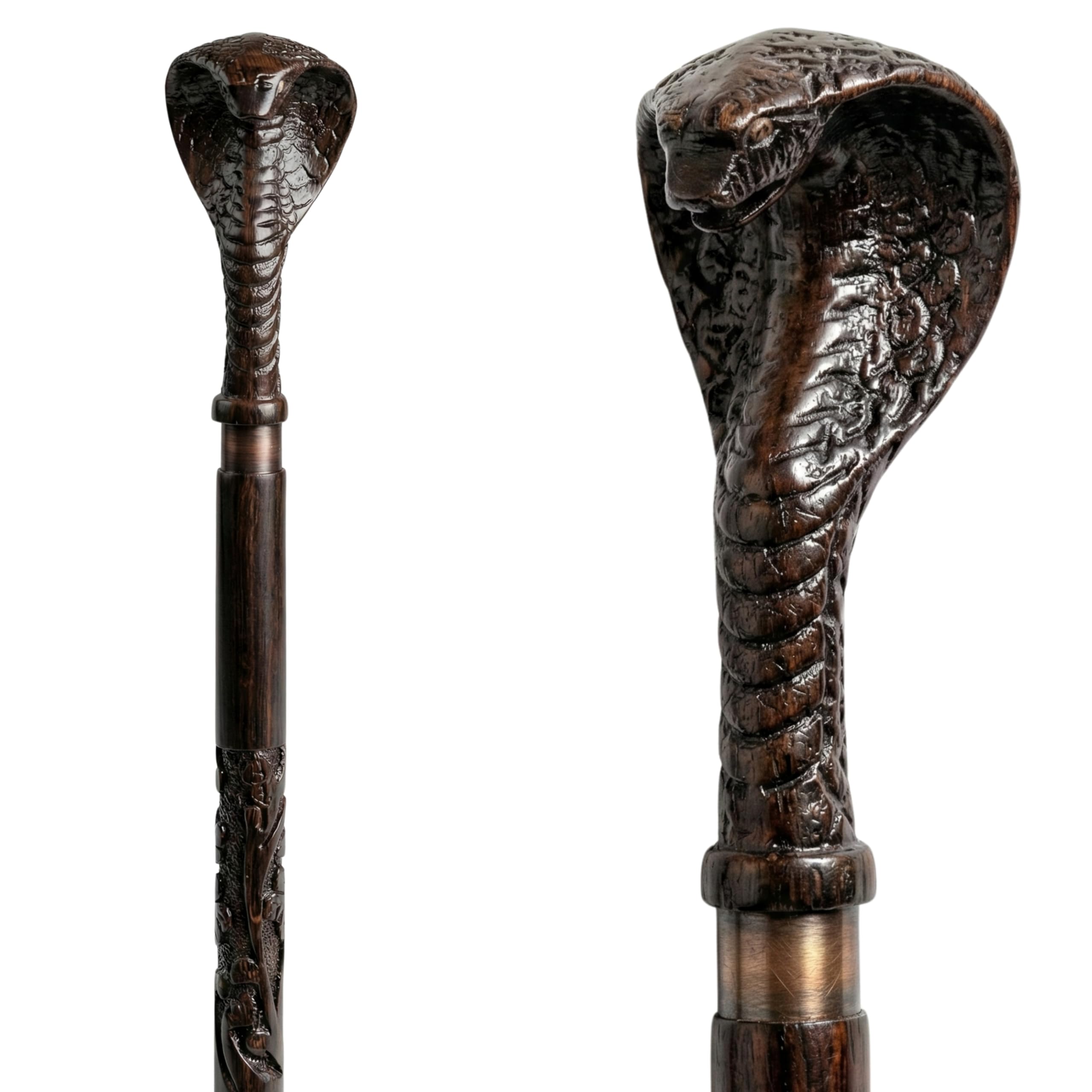 Handcrafted Walking Cane – Antique Copper Snake Cane with Carved Hardwood Shaft & Brass Rings -Vintage Walking Stick for Men & Women, Steampunk Cane, Costume Prop, Gothic Accessory.