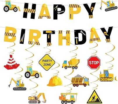 Construction Birthday Decorations, Construction Birthday Banners Hanging Swirls Decor, Construction Birthday Party Supplies for Boys Kids