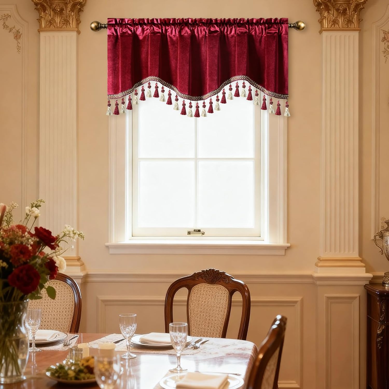 VOGOL Luxury Velvet Scalloped Valance, Light Filtering Window Topper with Shiny Beaded Tassels, Elegant Soft Decorative Living Room Curtain, 52x18 Inches, Burgundy Red, 1 Panel