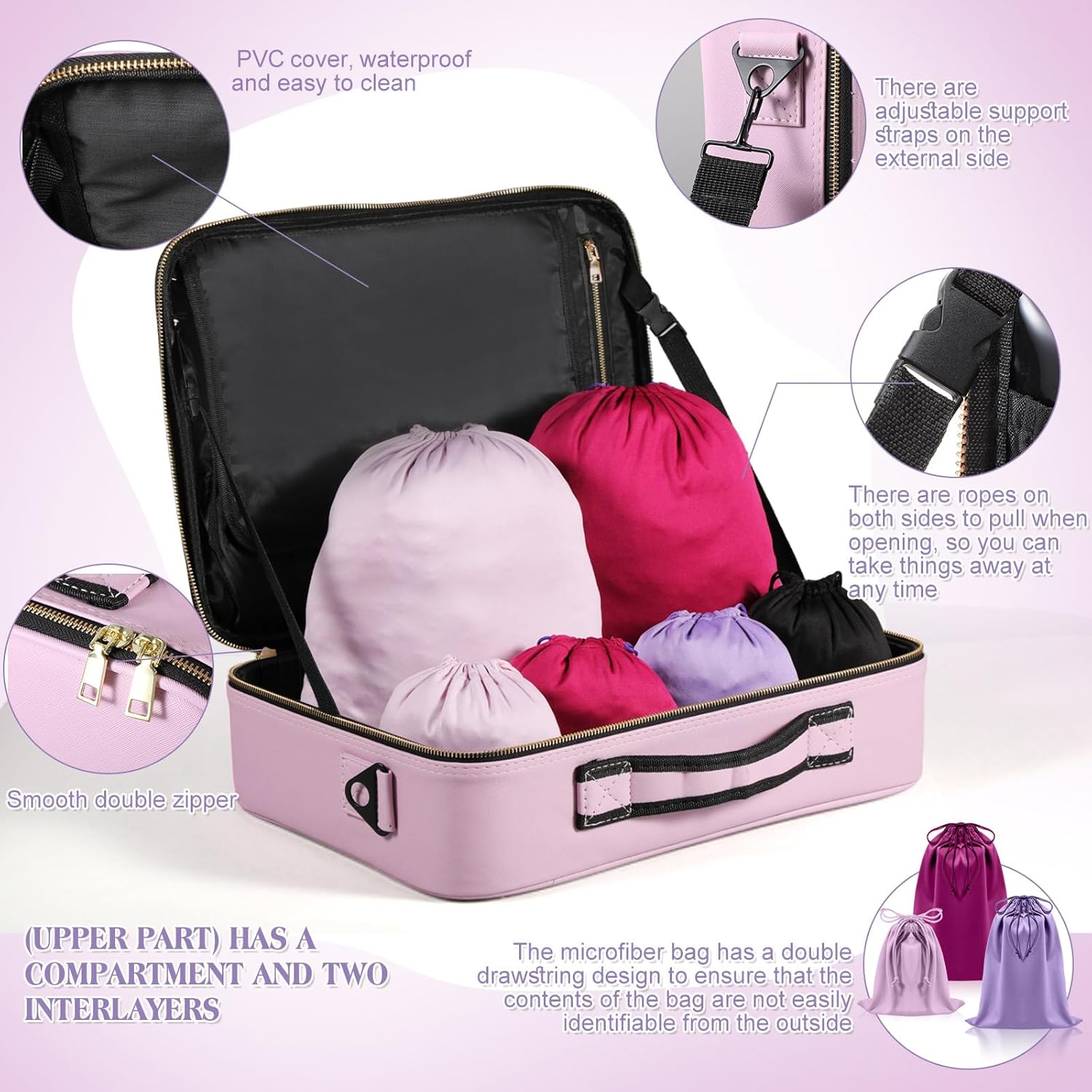 Eccliy Locking Adult Toy Bag Box Game Toys Storage Organizer with 20 Different Size Drawstring Bags Toy Storage Case for Women and Men(Light Purple,14.57 x 10.24 x 4.3 Inches)