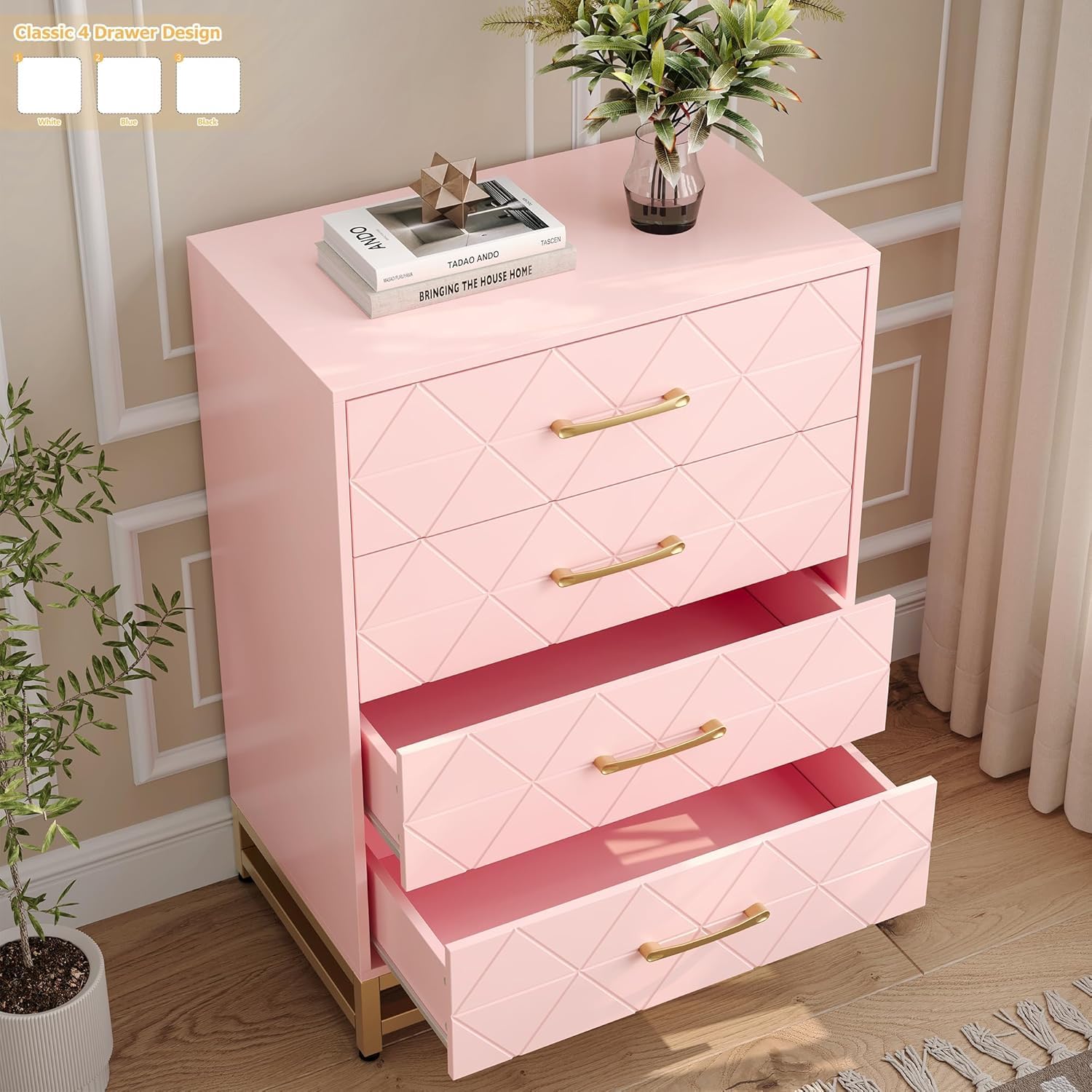 Garvee Commode à 4 Tiroirs pour Chambre, Commodes Modernes avec Tiroirs Larges et Poignées Métalliques, Commodes en Bois 61x40x93 cm (Rose)