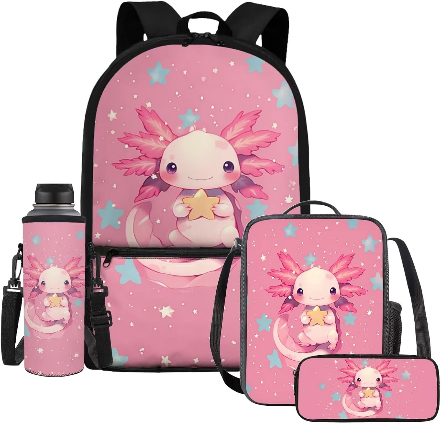 WELLFLYHOM Snake Kids School Backpack Elementary Book Bag for Girls Back Pack with Lunch Bag Pencil Case Water Bottle Cover Moon Flower Kids Daycare Bag Gift for Back to School Season