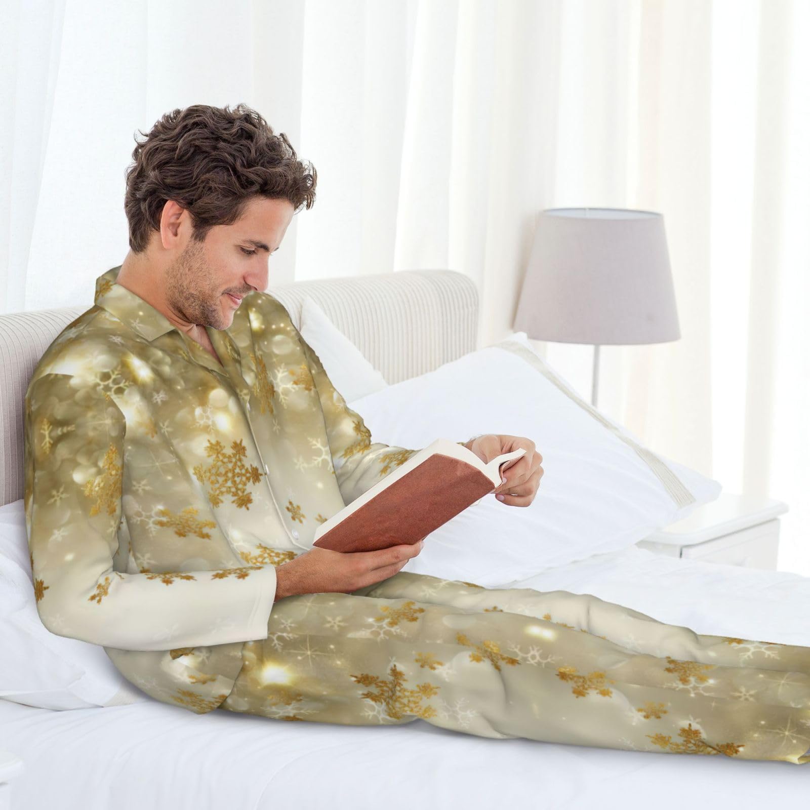Weihnachtspyjama-Set für Herren, aus Seide, langärmelig, Hemd und Hose, 2-teilig, goldfarben