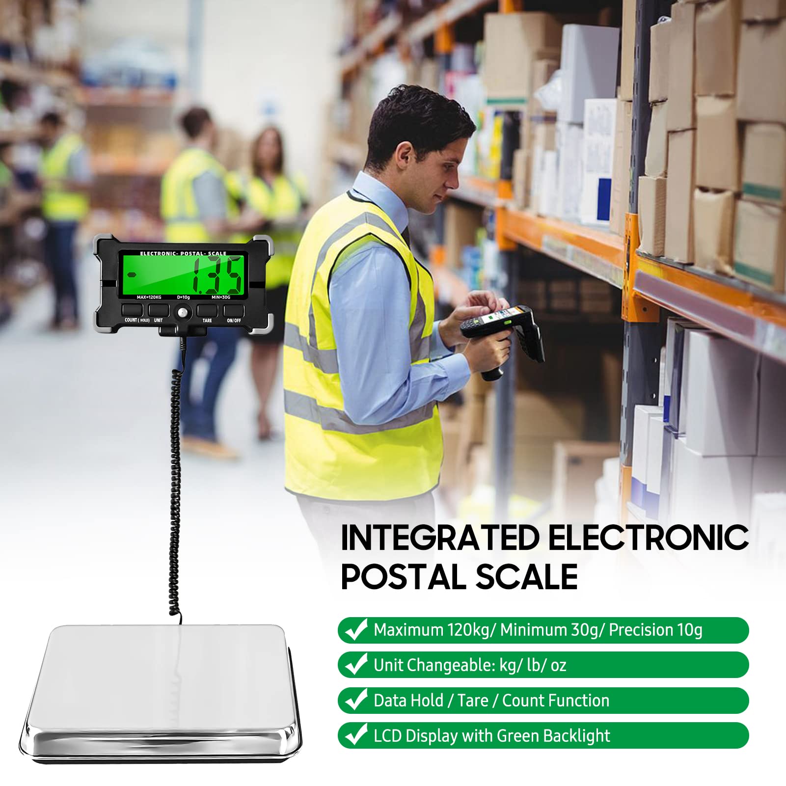 Báscula de Envío con Fuente de Alimentación Dual, Báscula Postal Electrónica Anticaída con Retroiluminación Verde, Capacidad de 200 Kg (120 kilos)