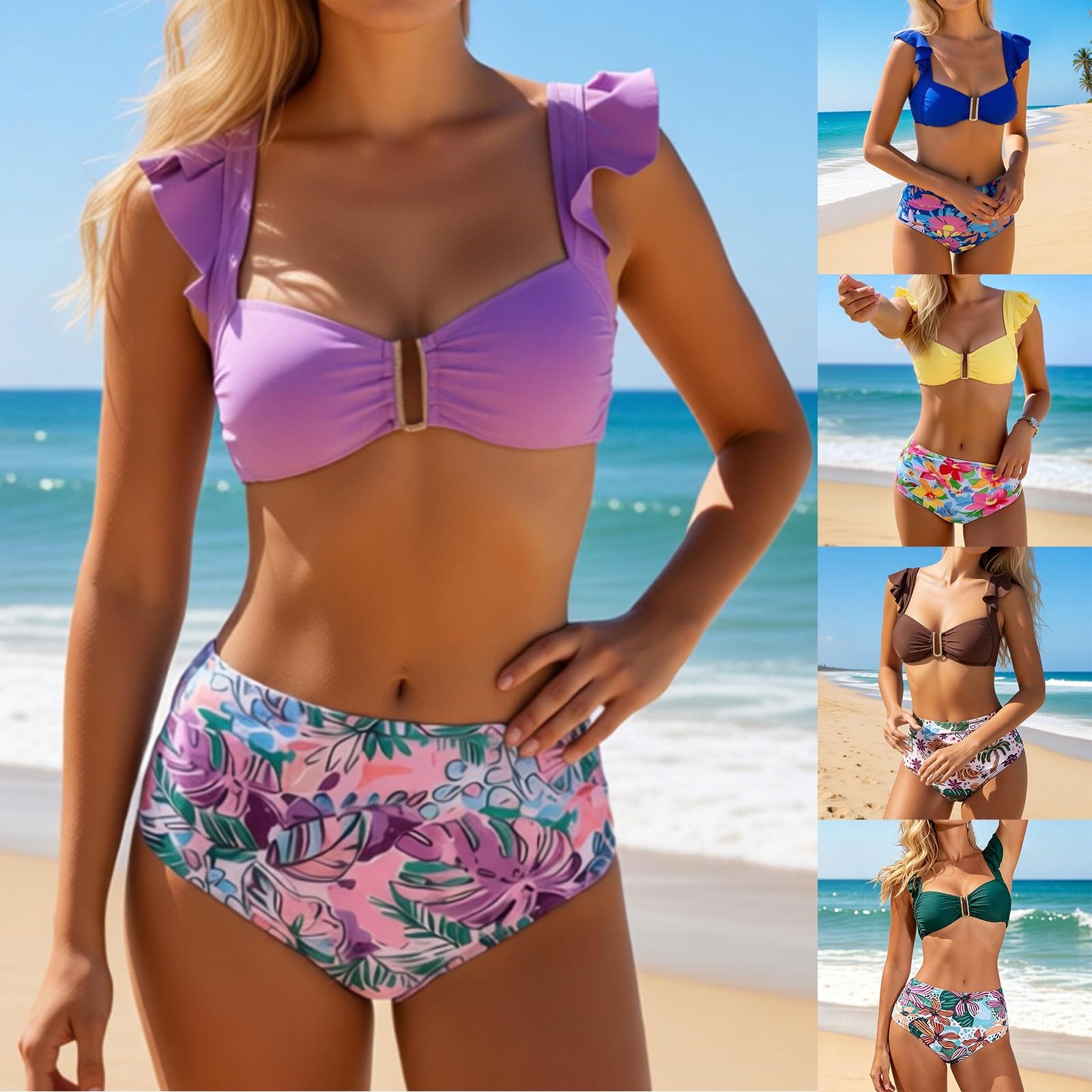 Femme Maillots de Bain Deux Pièces, Taille Haute Ensemble Bikini, Col en U Métal Doré Swimsuit Contrôle du Ventre 2 Pièces Élégant Swimsuit Swimwear de Plage Été