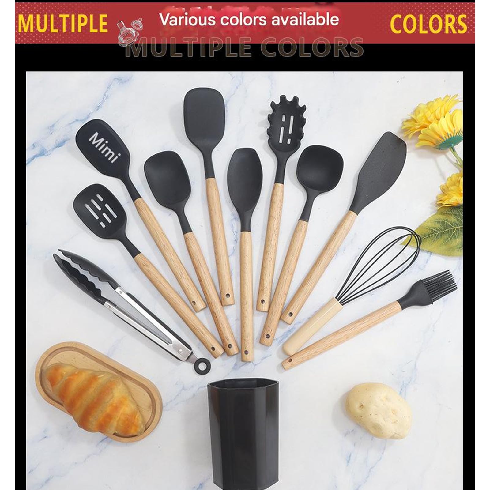 Set di utensili da cucina con manico ergonomico Materiali in silicone fino a 200 ° C Strumento di cottura sicuro per uso domestico Spatola con manico ergonomico