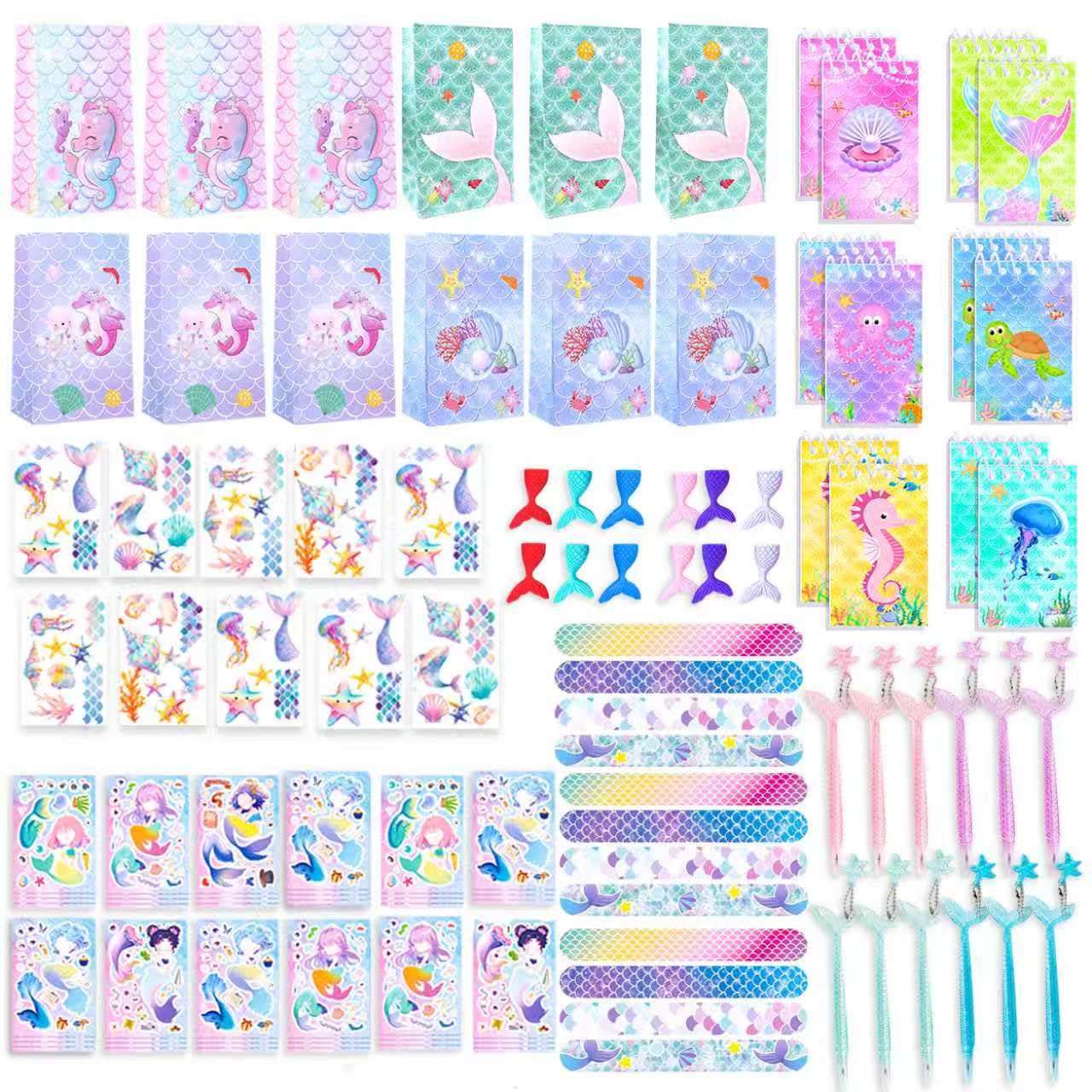 FACLJSSX 84 PCS Mermaid Party Favor, Mermaid Party Bags, Gift Bags Tattoos Stickers Slap Bracelet Stickers Notebooks Pens Erasers for Birthday Mermaid Theme Party Gifts Bags