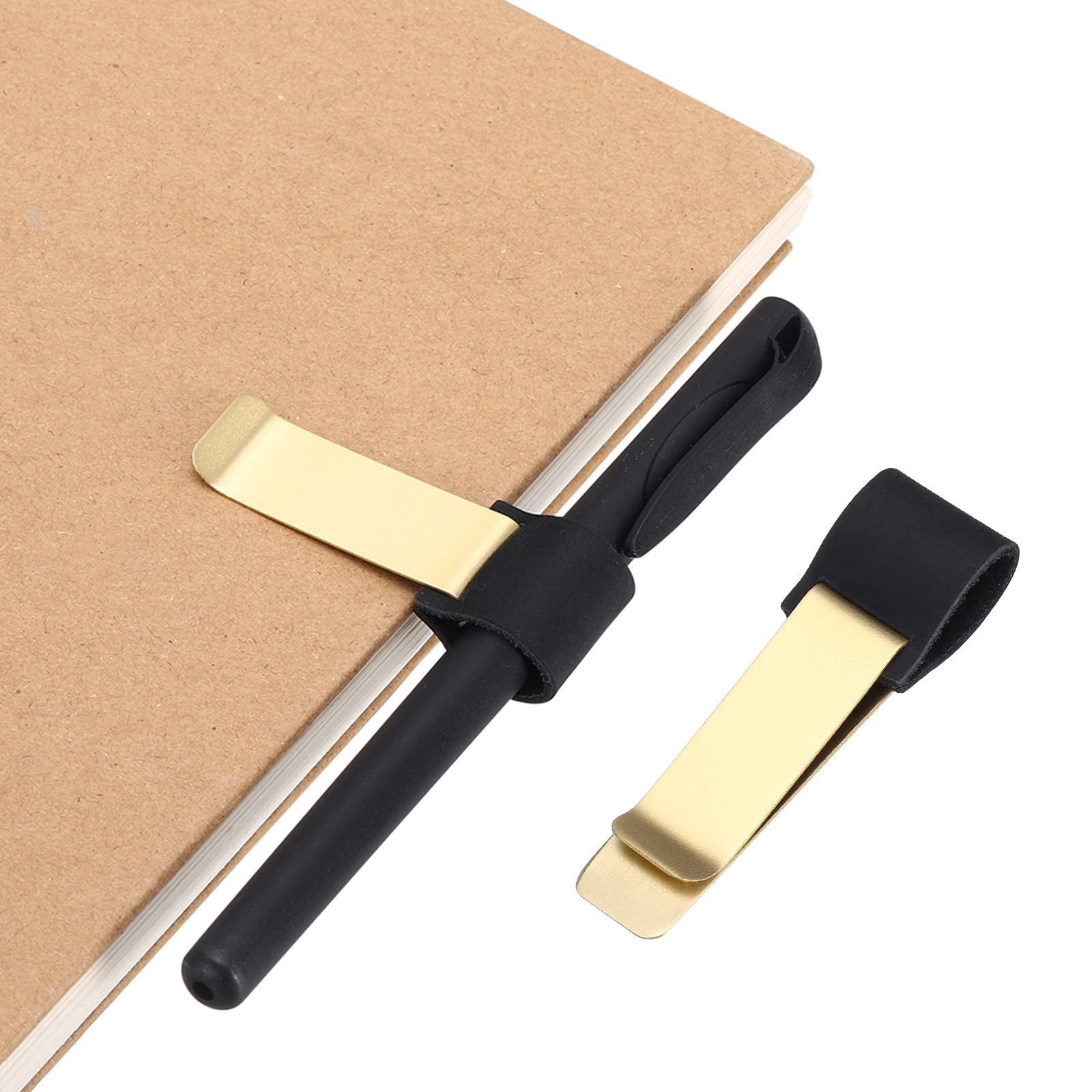PATIKIL Pen Loop for Notebook, Brass Retro Leather Pencil Holder Pen Clip for Notebook Clipboards Pocket Office Traveler Journals Planner, Black/Brass