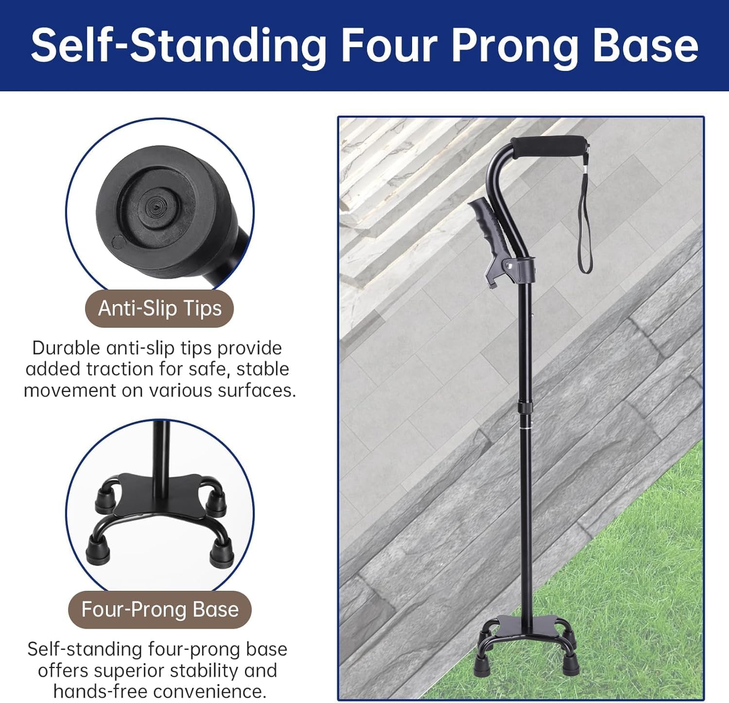 Bastone regolabile con manico ergonomico e base a 4 rebbi per stabilità, bastone da passeggio per anziani, uomini e donne, aiuta a stare in piedi e camminare (nero)