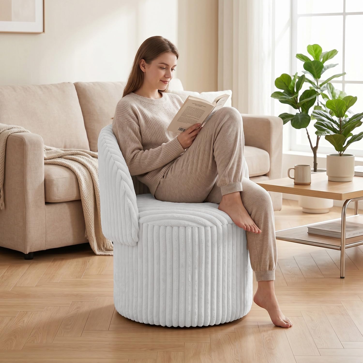 BLOOM BLENDS Teddy Boucle Tub Chair With Hidden Storage, Round Vanity Seat With Curved Back and Lift-Off Lid, Wooden Frame, 150kg, 46 x 62 cm (Harp White (XL)) — image 1