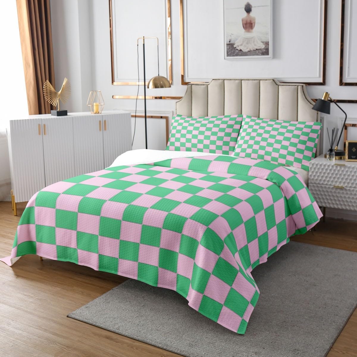 Erosebridal Cute Plaid Quilt Set Twin Pink Green Checkered Bedspread Geometric Checkerboard Coverlet Set for Kids Adults,Aesthetic Grid Bedding Quilted