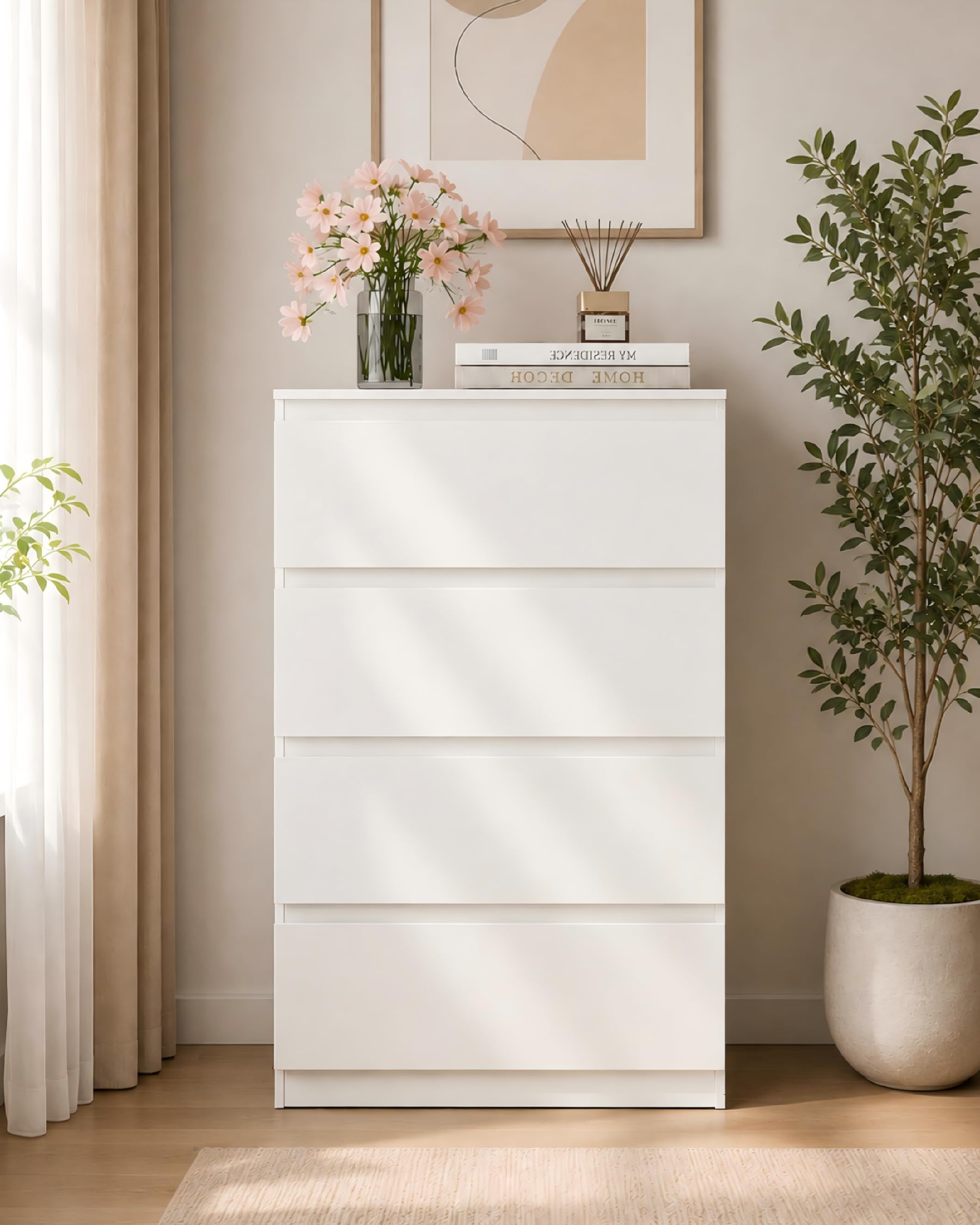 Commode Chambre 4 Tiroirs Commode Blanche 60 x 40 x 98 cm