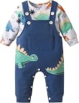 Newborn Baby Boys Outfits Infant Romper Dinosaur Print Overall Adjustable Suspenders Pants Bodysuit 2pcs Set