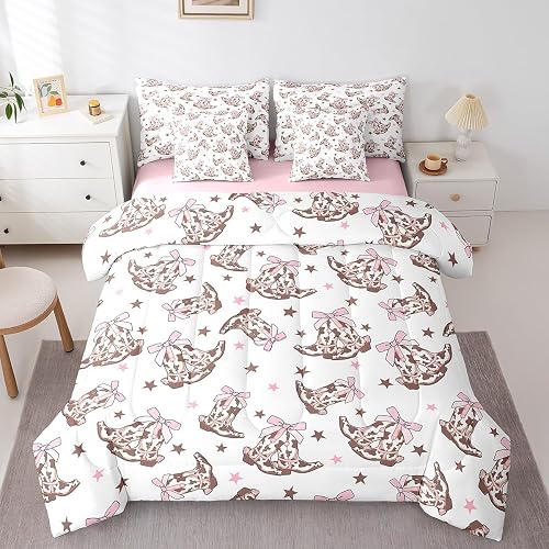 Manfei Cowgirl 7 Pieces Bedding Set Queen,Western Tribal Boots Pink Princess Bow