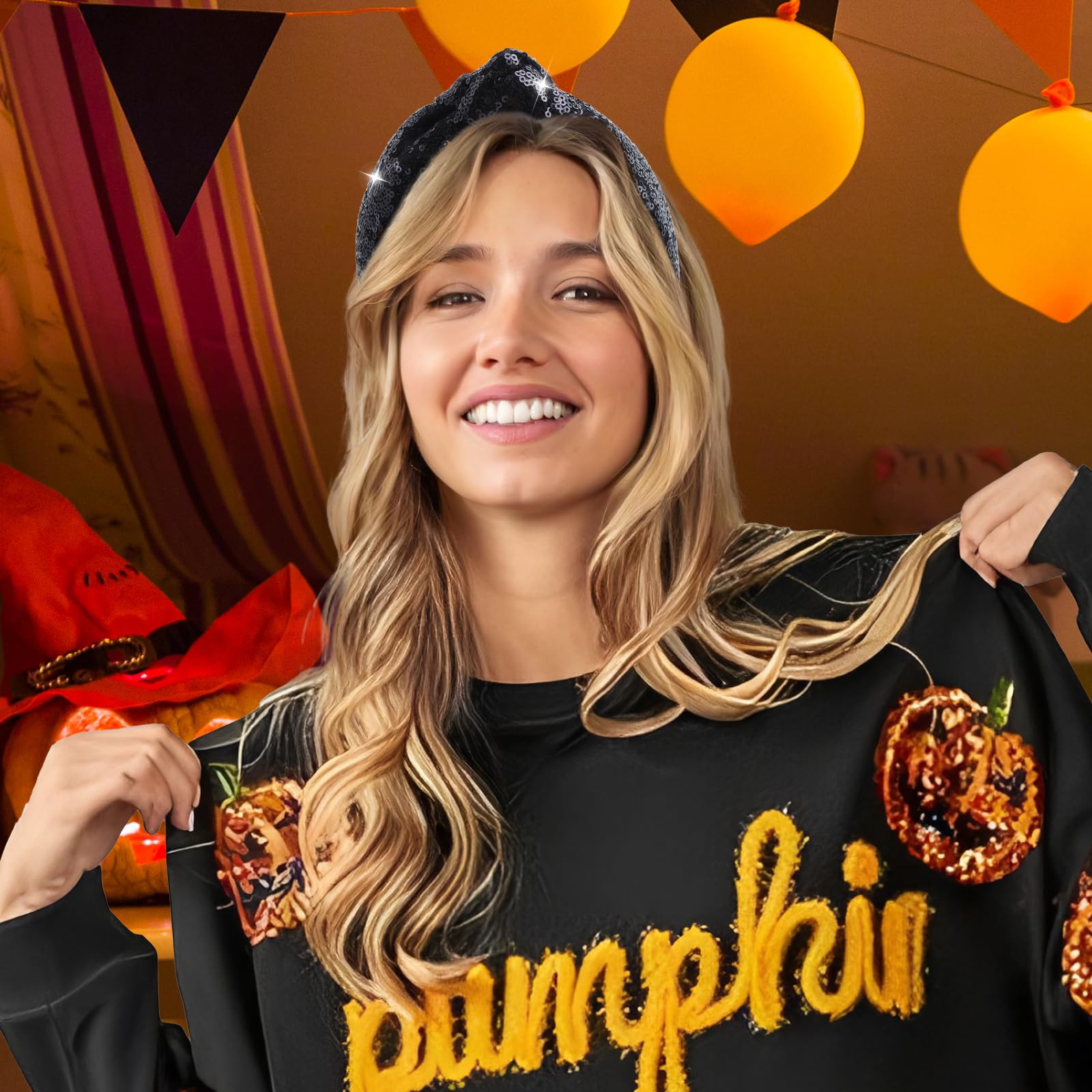 Lanmerry Halloween Baby Girl Headbands with Bows Knotted Headband for Women Girls Glitter Sequins Hair Accessories Sparkly Headbands Girls Fashion Gifts