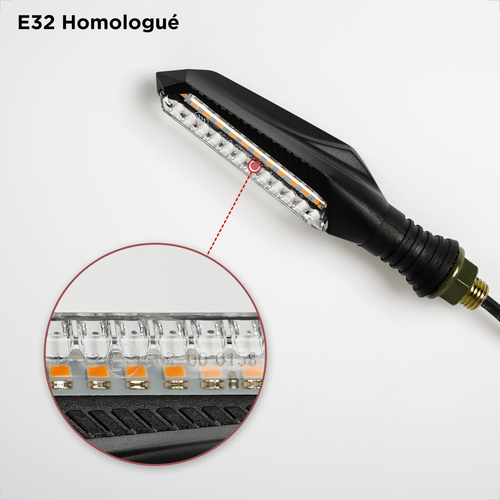 evermotor 2 Pièces Clignotant Moto LED Séquentiel E32 Homologué Universels 12V Indicateurs de Moto Flowing Mode, Étanche, Haute Luminosité | IP67 Etanche Longueur Câble 300mm Moto Scooter