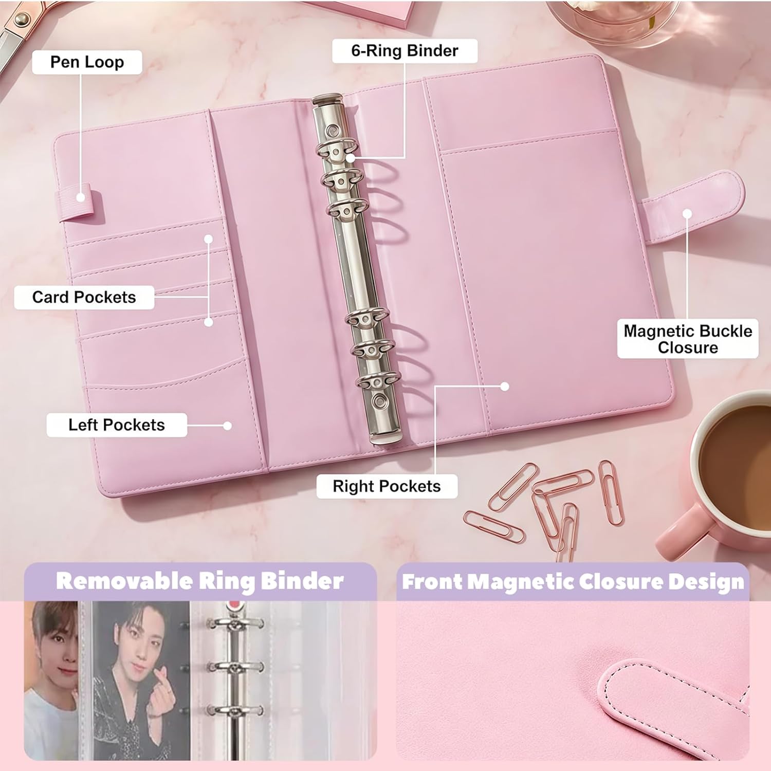 A5 Kpop Photocard Binder, PU Leather 6 Ring Collector Album With Magnetic Buckle Closure For Trading Cards,30 Pack 4-Pocket Pages 240 Card Slots