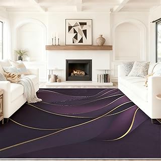Modern Washable Area Rug for Living Room, Minimalist Gold Lines Waves Pattern Thin Non-Slip Soft Dark Purple Carpet - 4 X 5 ft Machine Washable Indoor Rugs Kids & Pet Friendly Mat for Bedroom Office