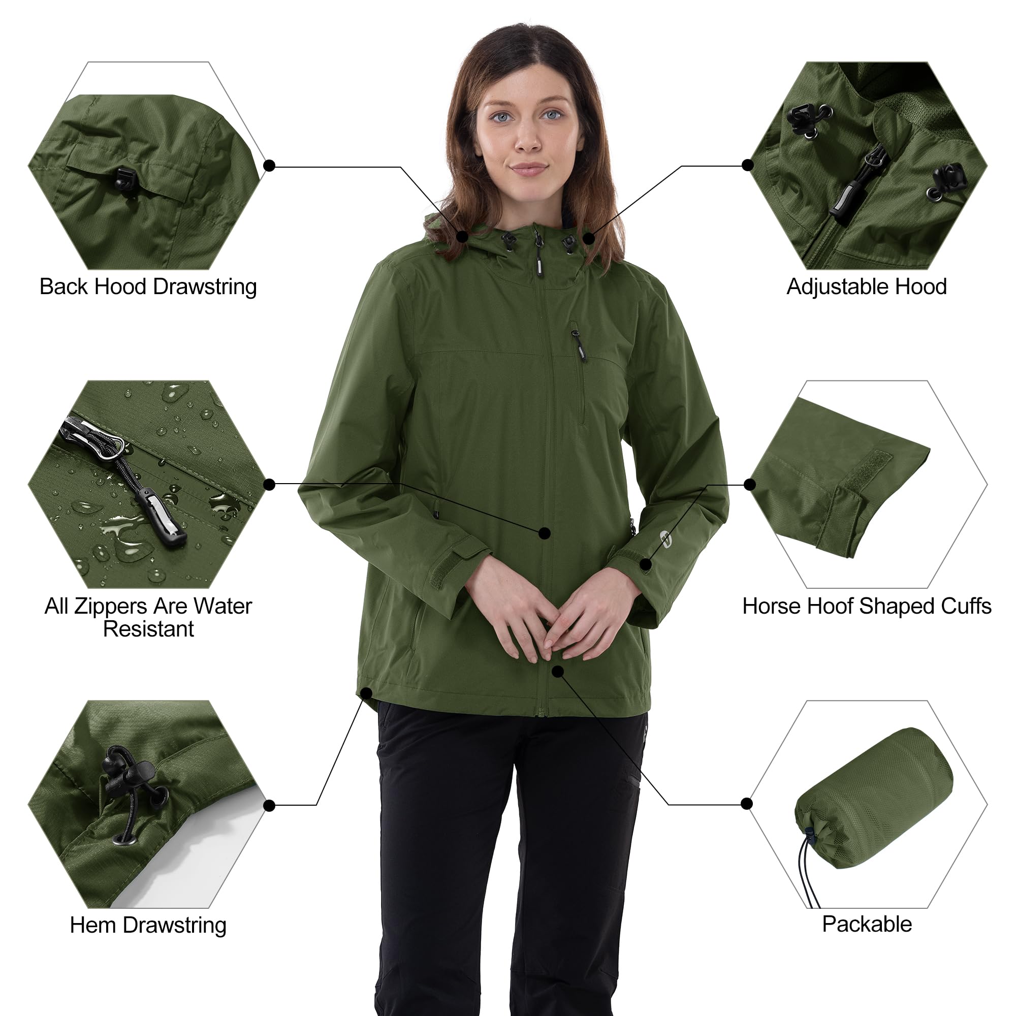 Outdoor Ventures Giacca antipioggia ripiegabile da donna, leggera, impermeabile, con cappuccio, giacca da ciclismo