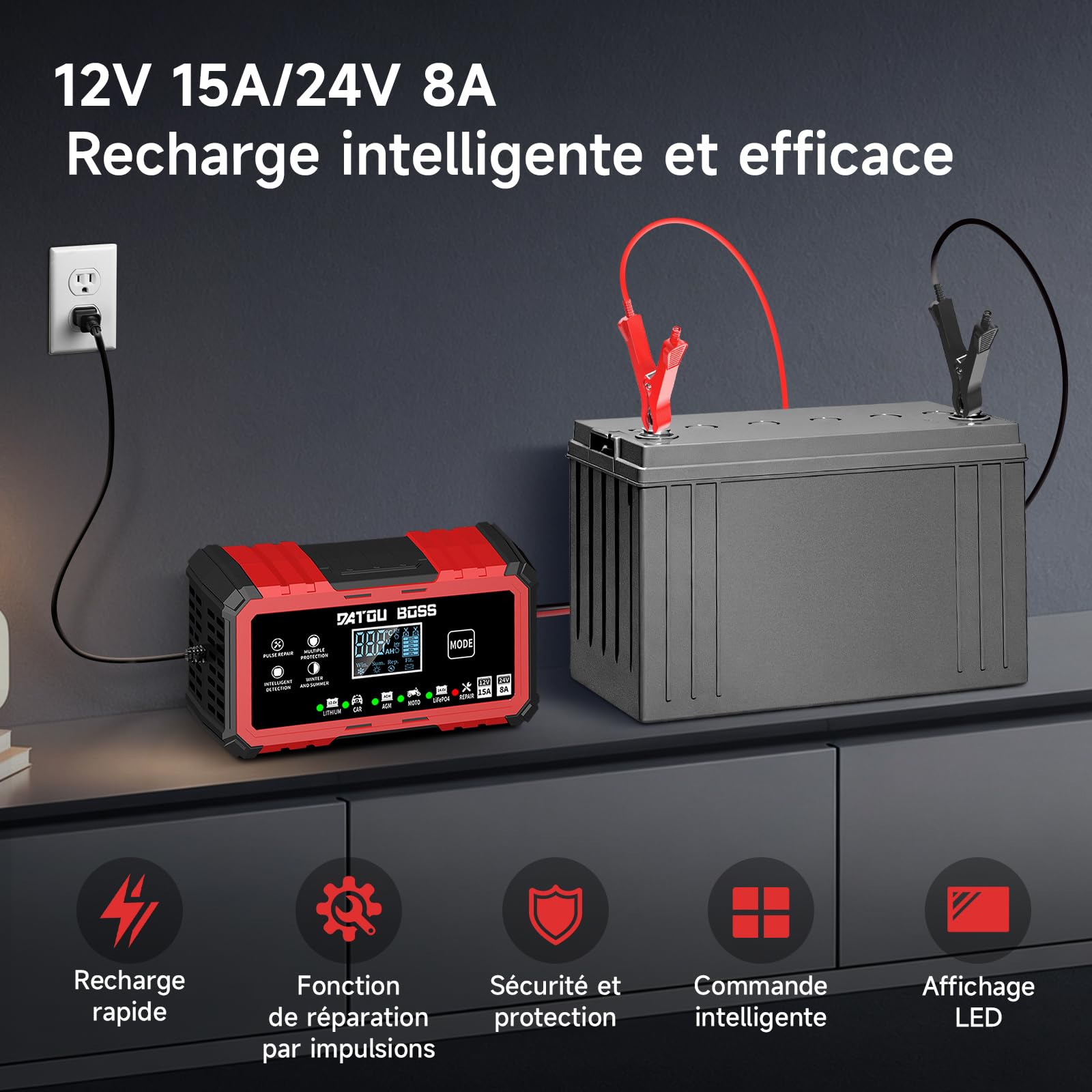 DATOUBOSS Chargeur de Batterie Voitures 15A 12V/24V, Chargeur Voiture avec Réparation & Compensation Température, pour Voiture Moto Bateau, pour LiFePO4 Plomb-Acide AGM Gel (12V 15A/24V 8A)